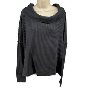 Free People Black Waffle Knit Cowl Neck Thermal Top NWT Size XS MSRP $88